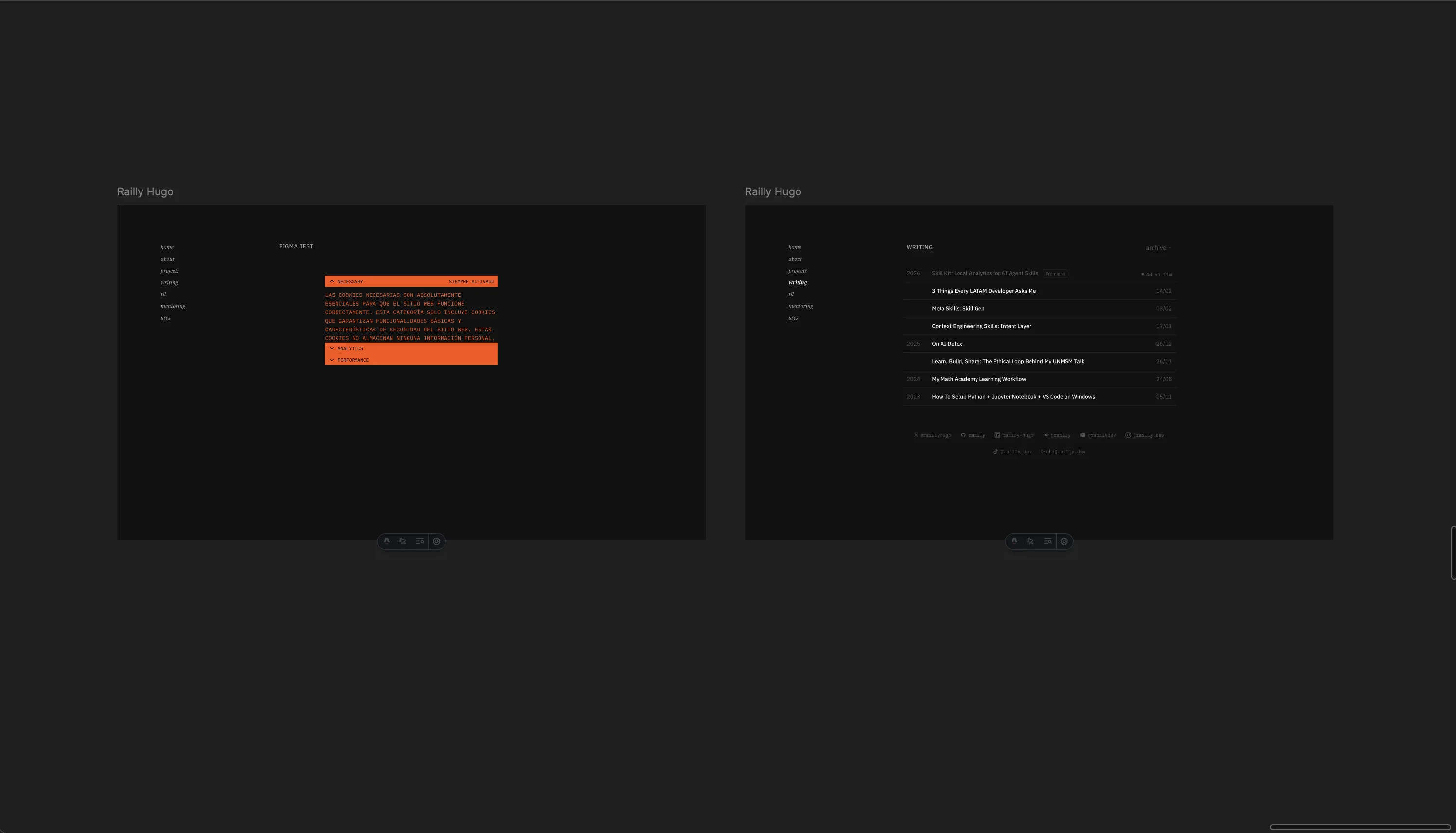Two captured pages in Figma: a cookie consent component and the /writing page from railly.dev, both as editable frames