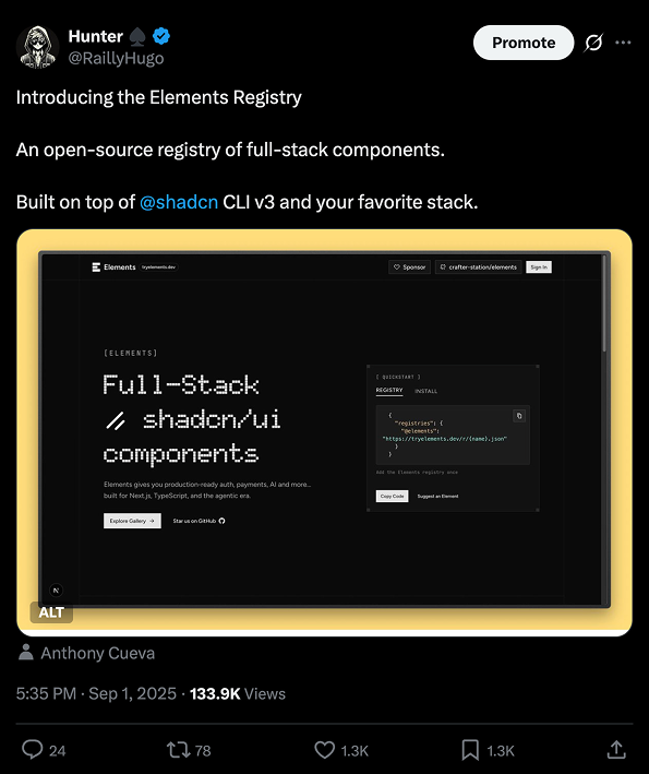 Elements tweet with 1,300 likes and 134K impressions